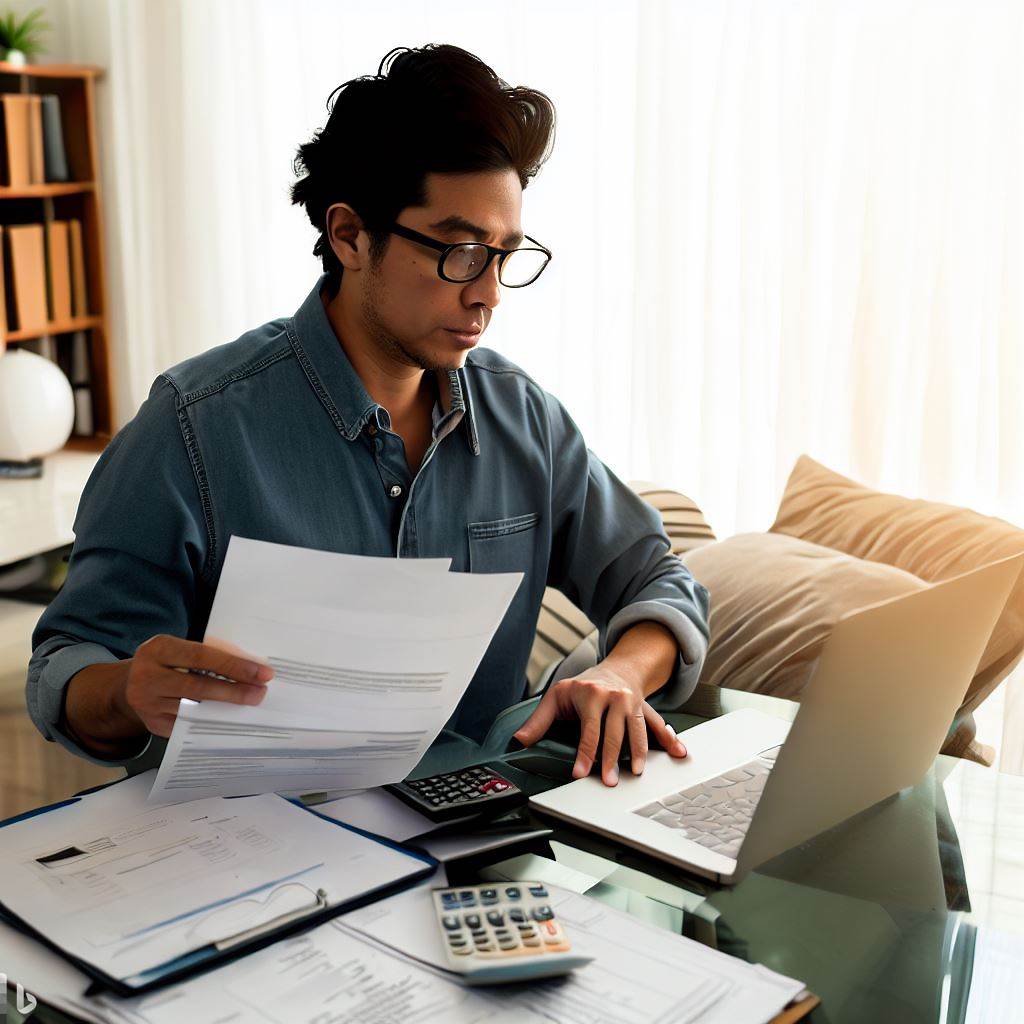 Home-based business owner reviewing tax documents and financial statements for tax planning and compliance