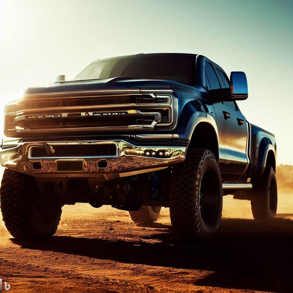 In the image, a rugged pickup truck sits on a dusty, gravel-strewn landscape, bathed in warm sunlight. The truck is a muscular and imposing figure, its steel body gleaming with a glossy coat of deep blue paint that seems to reflect the clear sky above.